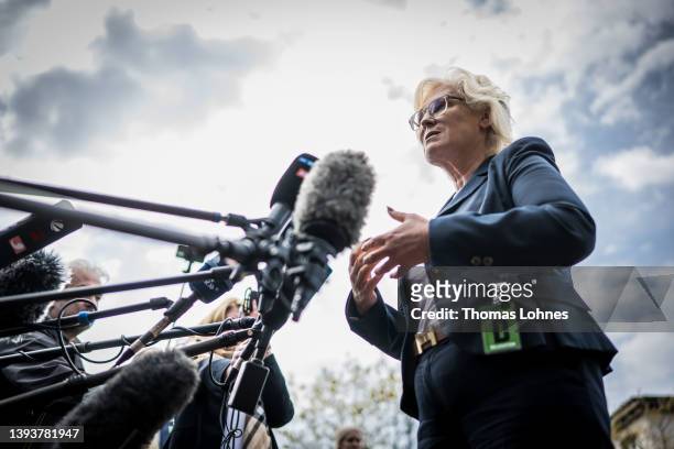 German Defence Secretary Christine Lambrecht speaks to the media during the Ukraine Security Consultative Group meeting at Ramstein air base on April...