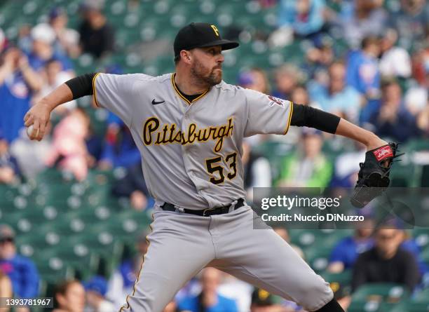 Heath Hembree of the Pittsburgh Pirates throws a pitch against the Chicago Cubs at Wrigley Field on April 24, 2022 in Chicago, Illinois.