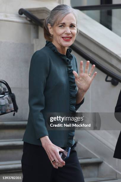 Elizabeth McGovern seen leaving the Corinthia Hotel after a Downton Abbey 'A New Era' promotion on April 26, 2022 in London, England.