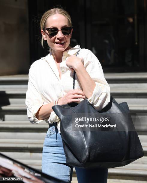 Joanne Froggatt seen leaving the Corinthia Hotel after a Downton Abbey 'A New Era' promotion on April 26, 2022 in London, England.