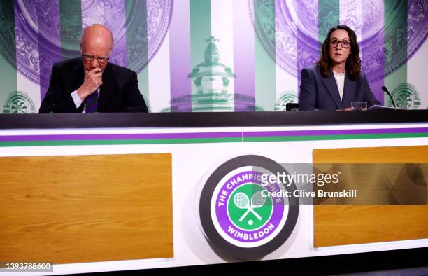 Chairman of the All England Club, Ian Hewitt and Chief Executive of the All England Club, Sally Bolton speak to the press at The All England Lawn...