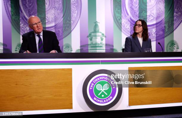 Chairman of the All England Club, Ian Hewitt and Chief Executive of the All England Club, Sally Bolton speak to the press at The All England Lawn...