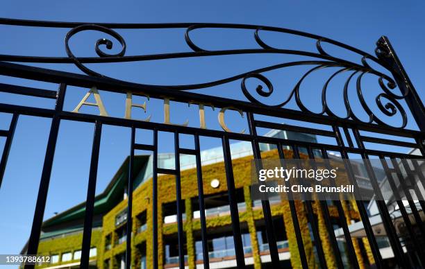 General view outside the gates of Centre Court at All England Lawn Tennis and Croquet Club on April 26, 2022 in London, England.