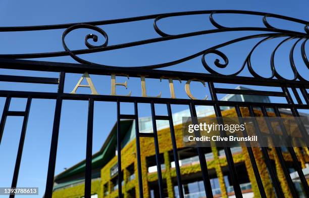 General view outside the gates of Centre Court at All England Lawn Tennis and Croquet Club on April 26, 2022 in London, England.