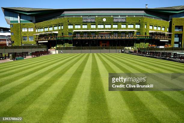 General view outside Centre Court at All England Lawn Tennis and Croquet Club on April 26, 2022 in London, England.