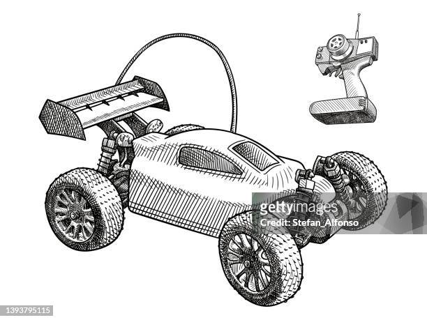 vektorzeichnung eines ferngesteuerten autos und funkfernbedienung - spielzeugauto stock-grafiken, -clipart, -cartoons und -symbole