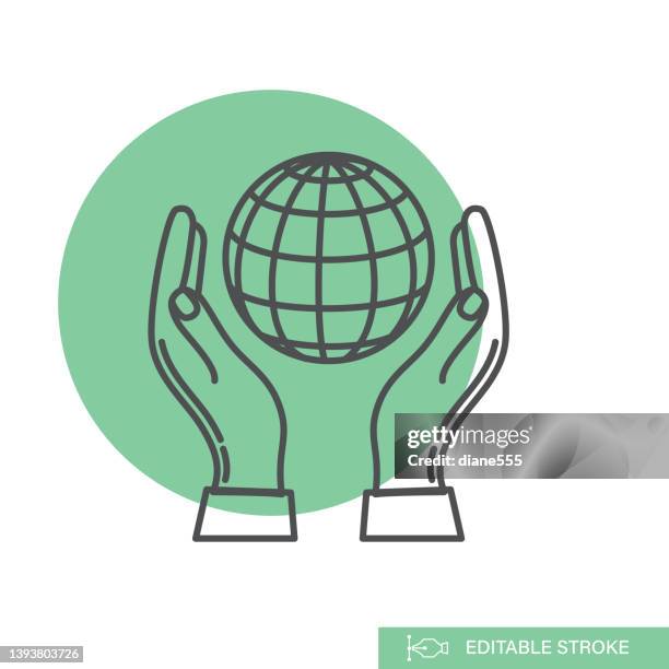 hand holding globe - environment thin line icon - world hands stock illustrations