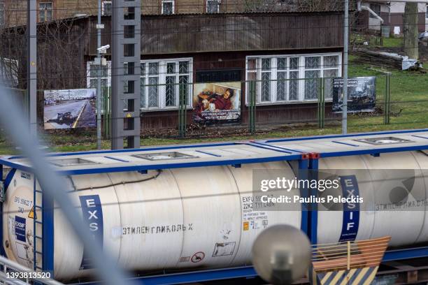 Photographs of Russia's war in Ukraine are displayed as part of an exhibition at the railway station where train from Moscow to Kaliningrad passes by...