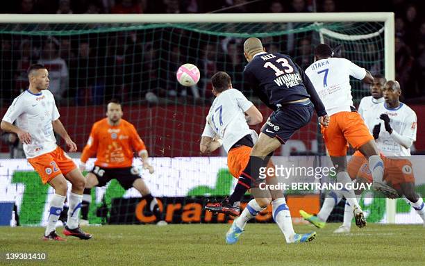 Paris' Alex Rodrigo Dias Da Costa scores a goal during the French L1 football match Paris-Saint-Germain vs. Montpellier on February 19, 2012 at the...