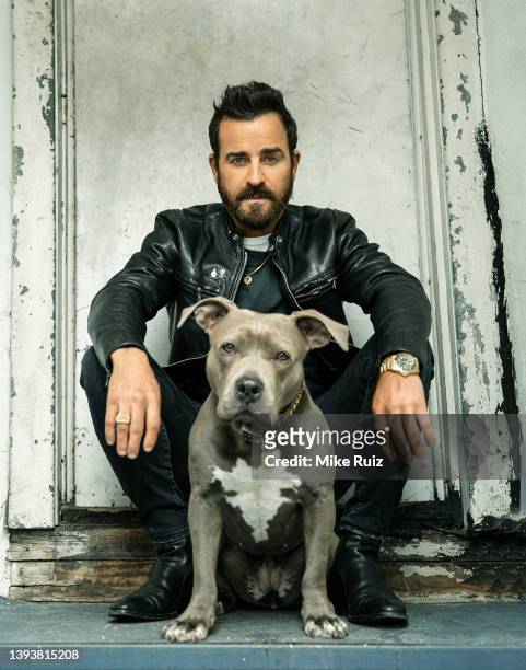 Actor Justin Theroux is photographed with dog Kuma for L'Officiel Australia on April 1, 2021 in New York City. COVER IMAGE.