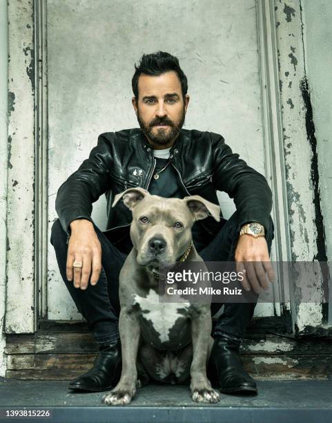 Actor Justin Theroux is photographed with dog Kuma for L'Officiel Australia on April 1, 2021 in New York City.