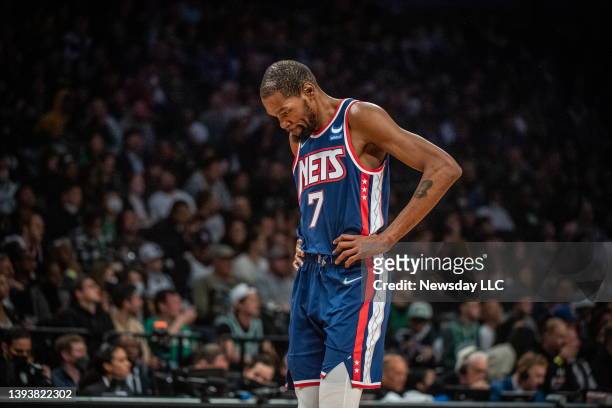 New York Nets' Kevin Durant having trouble hitting his shots while playing the Boston Celtics in the first quarter of Game 4 of the Eastern...
