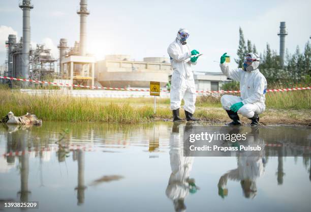 scientist examing toxic water - oil slick stock pictures, royalty-free photos & images