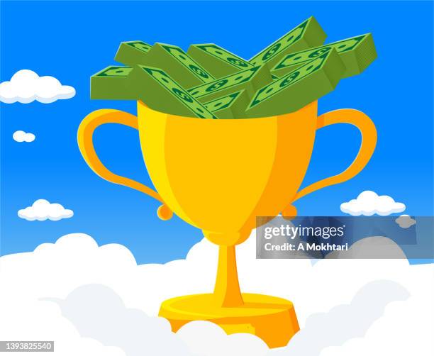trophy full of banknote on the clouds - win prize clipart stock illustrations