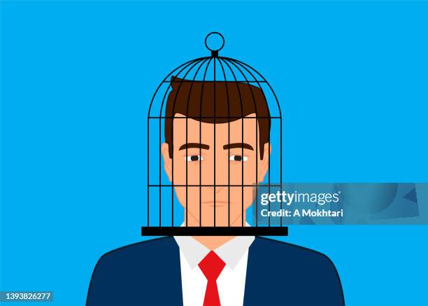 man with cage on his head - severe headache stock illustrations