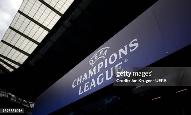 Detailed view of the logo ahead of the UEFA Champions League Semi Final Leg One match between Manchester City and Real Madrid at City of Manchester...