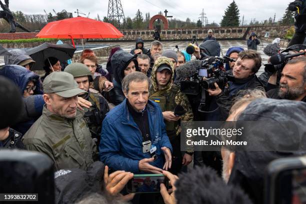 Director-General of the International Atomic Energy Agency Rafael Mariano Grossi answers questions upon arrival to the Chernobyl Nuclear Power Plant...