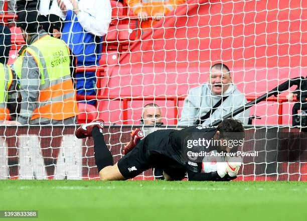 Alisson Becker of Liverpool during the Premier League match between Liverpool and Everton at Anfield on April 24, 2022 in Liverpool, England.