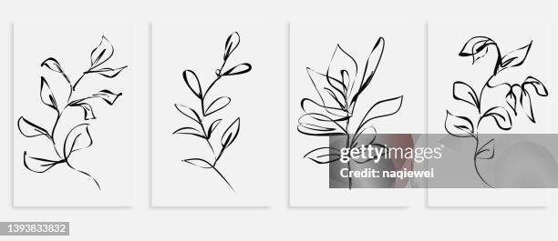 ベクター手作りの1線画の葉のプリントセット植物の葉のポスター現代のシングルラインアートの審美的なテンプレートバナーの背景 - flower art点のイラスト素材／クリップアート素材／マンガ素材／アイコン素材
