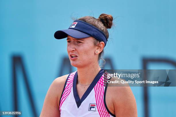 Irina-Camelia Begu of Romania looks on during her match against Ekaterine Gorgodze of Georgia at La Caja Magica on April 26, 2022 in Madrid, Spain.