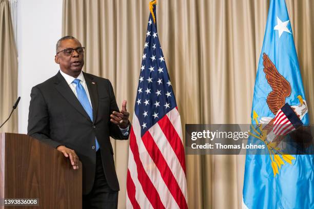 Defence Secretary Lloyd Austin speaks to the media after the Ukraine Security Consultative Group meeting at Ramstein air base on April 26, 2022 in...