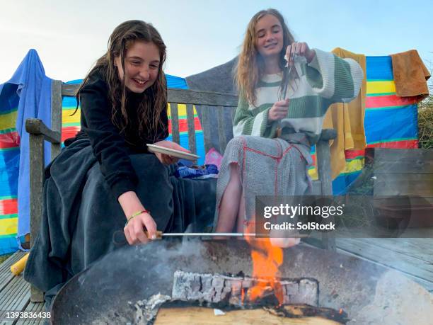 roasting marshmallows on staycation - beach shelter stockfoto's en -beelden