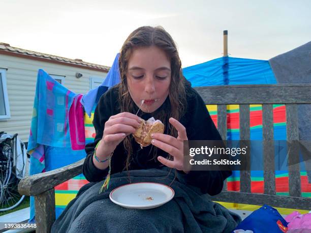 snacking on a s'more - beach shelter stockfoto's en -beelden
