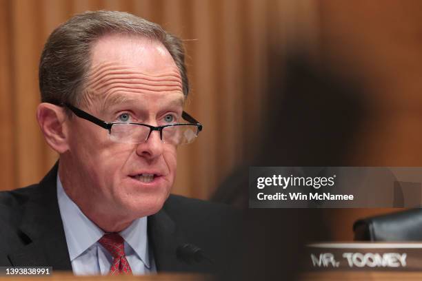 Ranking member Sen. Pat Toomey questions Consumer Financial Protection Bureau Director Rohit Chopra as he testifies before the Senate Banking,...