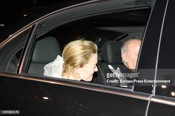 Marta Ortega and her father Amancio Ortega arrive by car at Marta Ortega and Sergio Alvarez Wedding at Pazo de Anceis on February 18, 2012 in A...