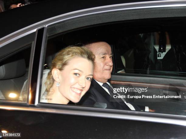 Marta Ortega and her father Amancio Ortega arrive by car at Marta Ortega and Sergio Alvarez Wedding at Pazo de Anceis on February 18, 2012 in A...