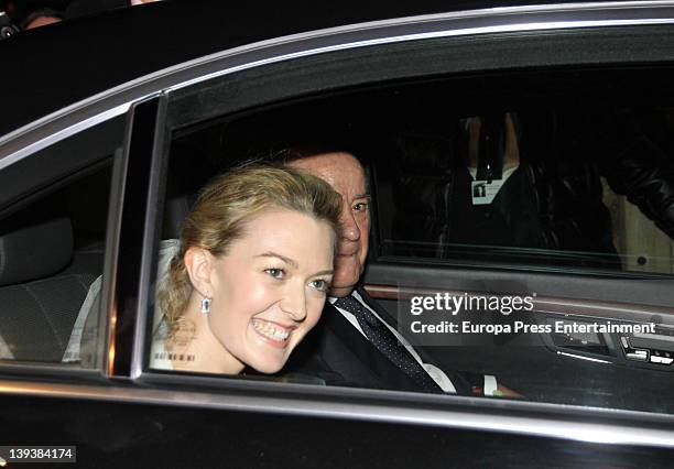 Marta Ortega and her father Amancio Ortega arrive by car at Marta Ortega and Sergio Alvarez Wedding at Pazo de Anceis on February 18, 2012 in A...