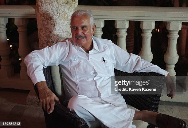 Of INDIAS, COLOMBIA Mexican writer Carlos Fuentes speaks during a television interview during the Hay Cartagena Literary Festival at the Hotel Santa...