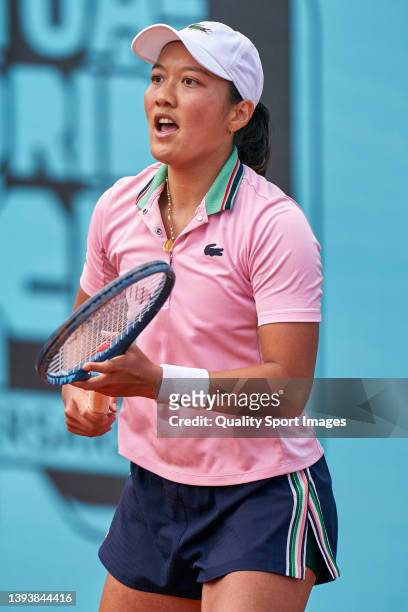 Harmony Tan of France looks on during her match against Lauren Davis of USA during Qualifier 1st round at La Caja Magica on April 26, 2022 in Madrid,...