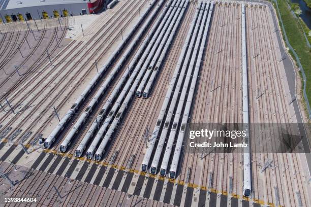 aerial view of crossrail trains stored in sidings at old oak common. - crossrail stock pictures, royalty-free photos & images