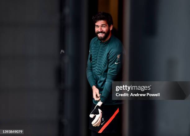 Alisson Becker of Liverpool during a training session at AXA Training Centre on April 26, 2022 in Kirkby, England.