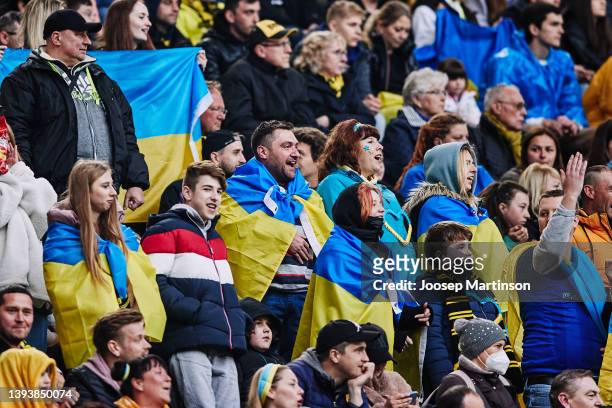 Kyiv fans look on during the charity match between Borussia Dortmund and Dynamo Kyiv at Signal Iduna Park on April 26, 2022 in Dortmund, Germany.