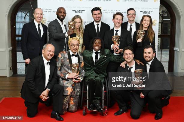 Ade Adepitan poses with the winners of the Titles & Graphic Identity award at The British Academy Television Craft Awards at The Brewery on April 24,...