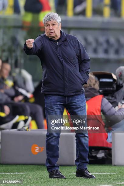 Mircea Lucescu, Head Coach of Dynamo Kiev reacts during the charity match between Borussia Dortmund and Dynamo Kyiv at Signal Iduna Park on April 26,...