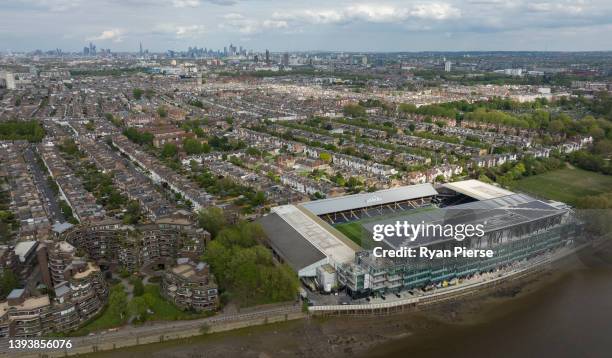 An aerial view of Fulham and Craven Cottage prior to the Sky Bet Championship match between Fulham and Nottingham Forest at Craven Cottage on April...