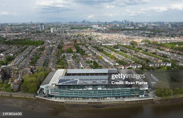 An aerial view of Fulham and Craven Cottage prior to the Sky Bet Championship match between Fulham and Nottingham Forest at Craven Cottage on April...