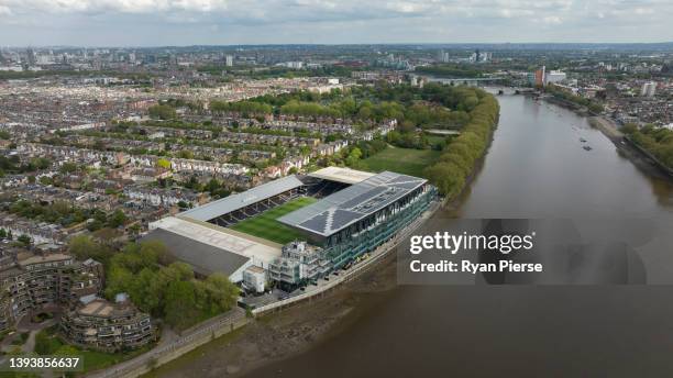 An aerial view of Fulham and Craven Cottage prior to the Sky Bet Championship match between Fulham and Nottingham Forest at Craven Cottage on April...
