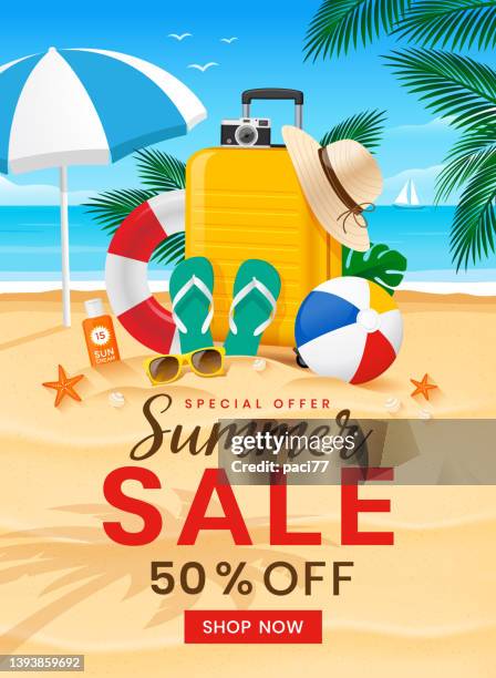 summer sale with summer beach elements and travel suitcase. - summer of 77 stock illustrations