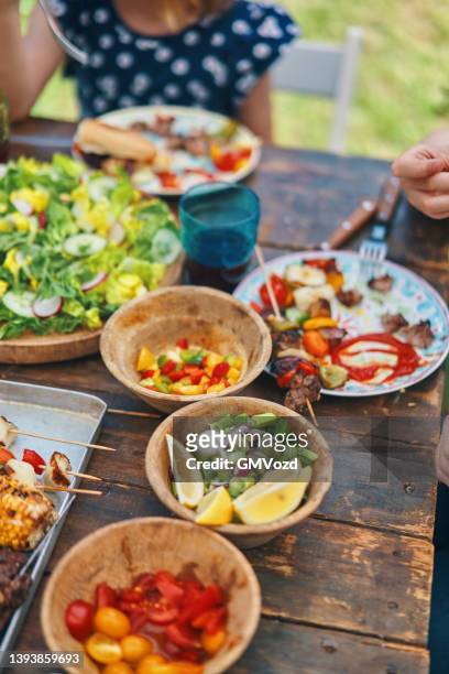 jeune famille mangeant l’agneau, le boeuf et le kebab de légumes avec la salade verte à l’extérieur - marine photos et images de collection