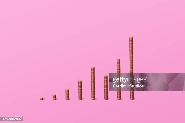 gold coin graph showing a growth curve with a break - exponential curve stock pictures, royalty-free photos & images