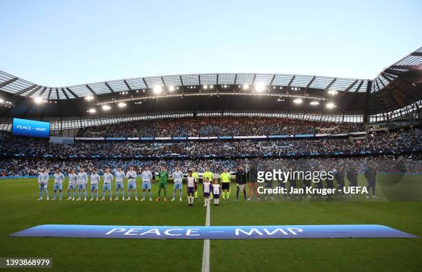 General view inside the stadium as both teams line up prior to the UEFA Champions League Semi Final Leg One match between Manchester City and Real...