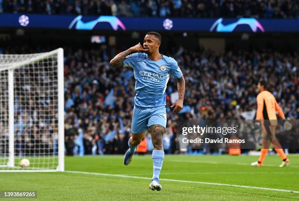 Gabriel Jesus of Manchester City celebrates after scoring their side's second goal during the UEFA Champions League Semi Final Leg One match between...