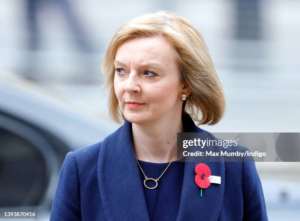 Foreign Secretary Liz Truss attends the Anzac Day Service of Commemoration and Thanksgiving at Westminster Abbey on April 25, 2022 in London,...