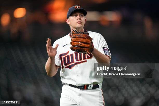 Tyler Duffey of the Minnesota Twins looks on against the Chicago White Sox on April 22, 2022 at Target Field in Minneapolis, Minnesota.