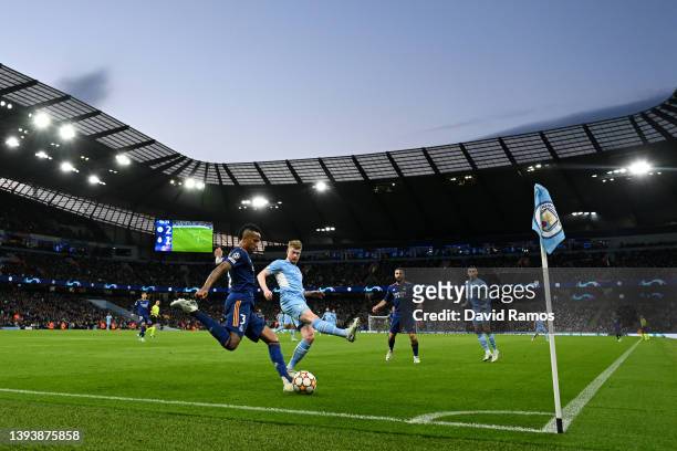 General view inside the stadium as Eder Militao of Real Madrid is challenged by Kevin De Bruyne of Manchester City during the UEFA Champions League...