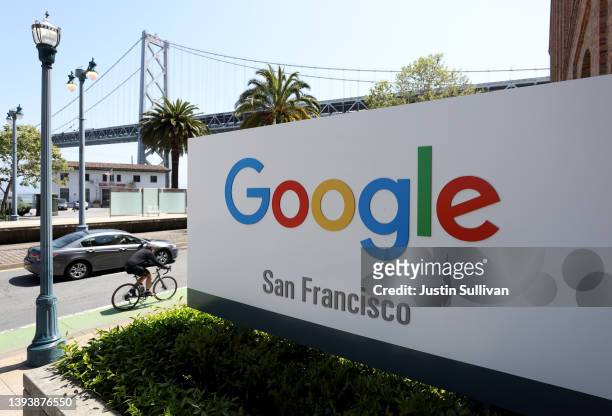 Sign is posted in front of a Google office on April 26, 2022 in San Francisco, California. Google parent company Alphabet will report first quarter...